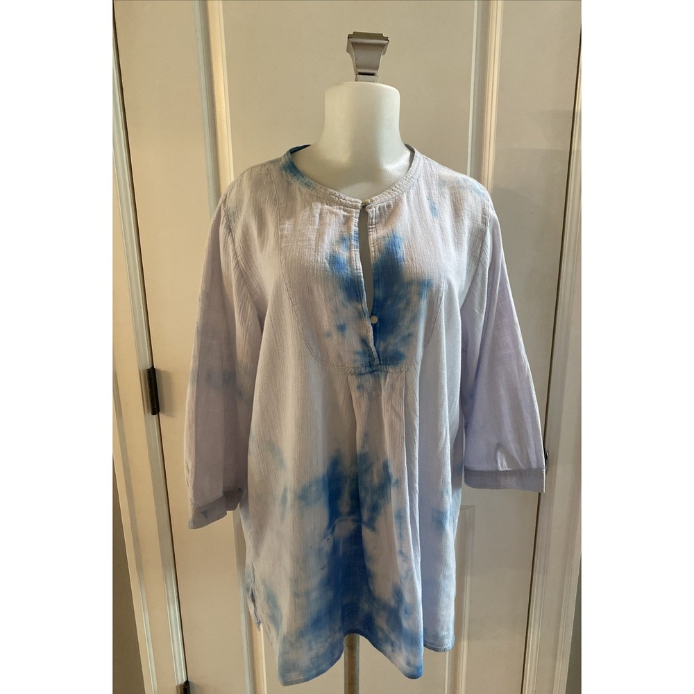 J.Crew Tie-Dye Blue White Cotton 3/4 Sleeve Top Blouse Size XL Boho Beachy Artsy